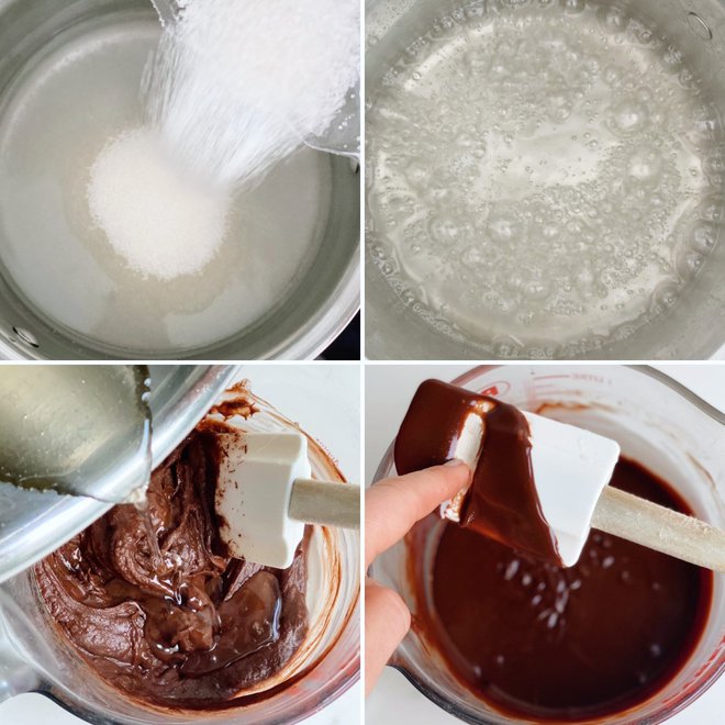 Čokoladna glazura tokrat pripravljena s sladkornim sirupom. Natančen postopek je zapisan v pripravi.