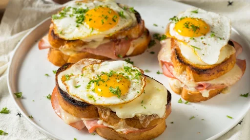 Homemade French Croque Madame Sandwich with Ham and Cheese