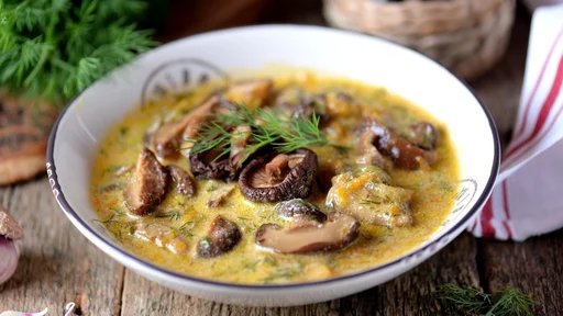 Thick soup of dried mushrooms with onions, carrots and cream.