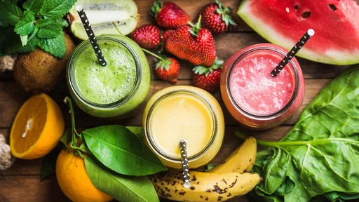 Freshly blended fruit smoothies of various colors and tastes in glass jars in rustic wooden tray. Yellow, red, green. Top view, selective focus