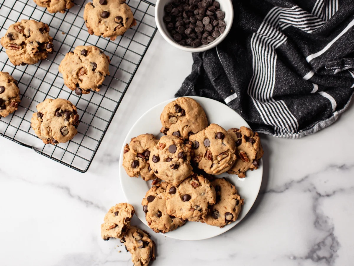 Top view of chocolate chip cookies on a plate on white marble counter. in Kingston, ON, Canada