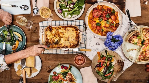 Dinner party with homemade lasagna and quiche