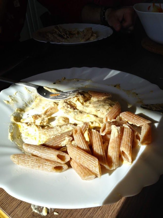 Piščančji zrezki v smetanovi omaki in polnozrnate testenine. Foto: Tjaša Sterle Polak