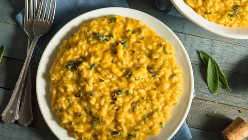 Sweet Homemade Pumpkin Risotto with Sage and Cheese