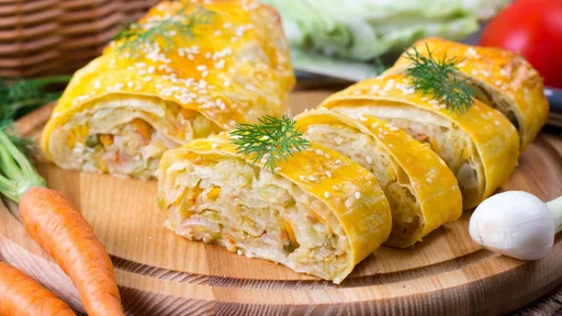 Strudel with cabbage on a wooden board