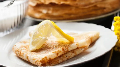 English-style pancakes with lemon and sugar, traditional for Shrove Tuesday
