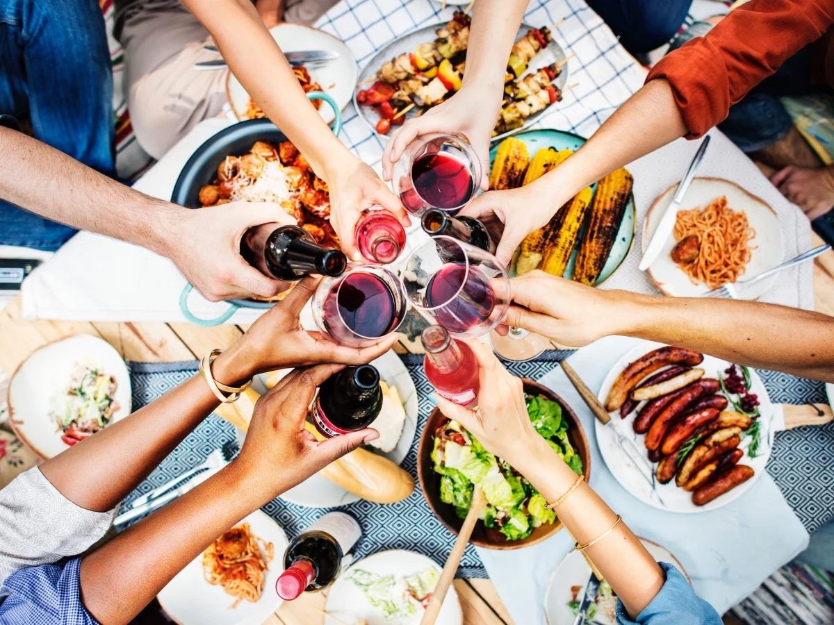 Aerial view of people toasting together