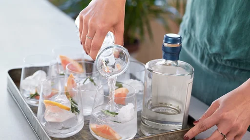 Woman pouring tonic soda water into glasses, preparing alcoholic beverages at a party