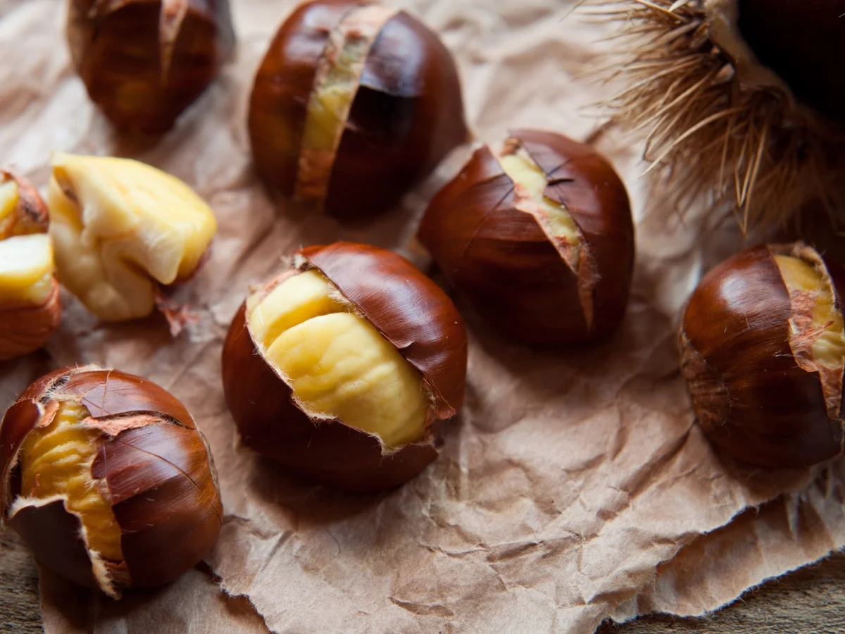 Traditional Christmas dish - Ripe Sweet Roasted Chestnuts, cracked shells after put to the fire, natural paper and old wooden rustic background.