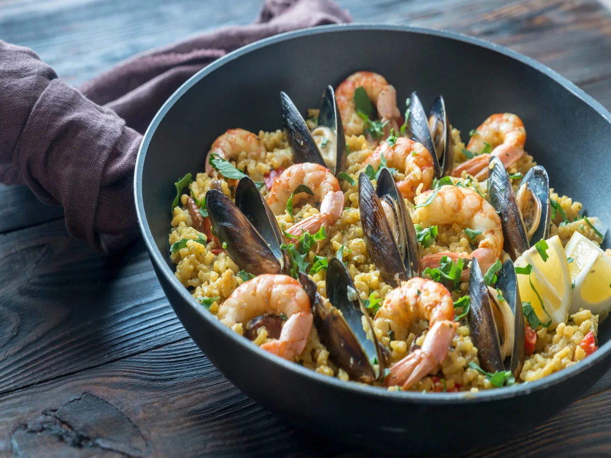 Seafood paella in the pan