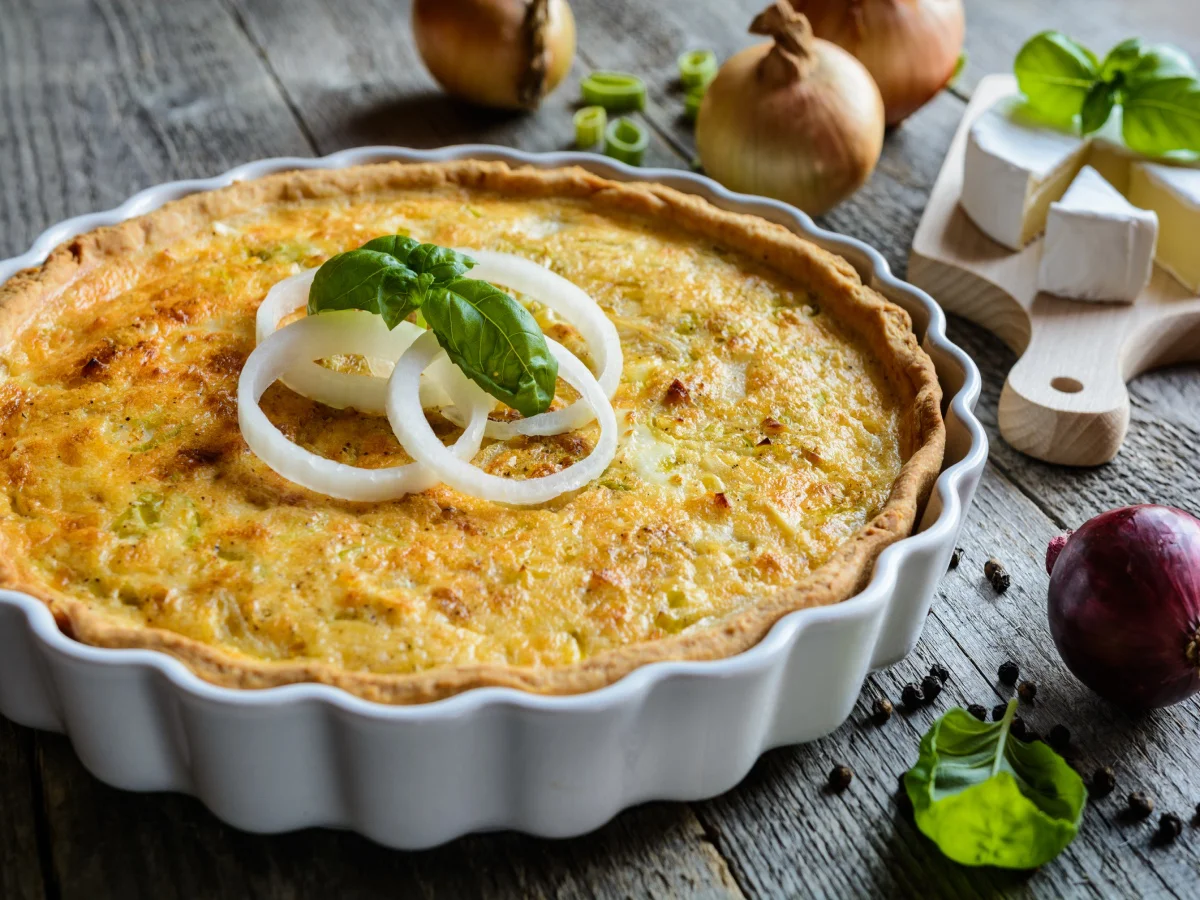 French Quiche with onion, Camembert, leek and eggs filling