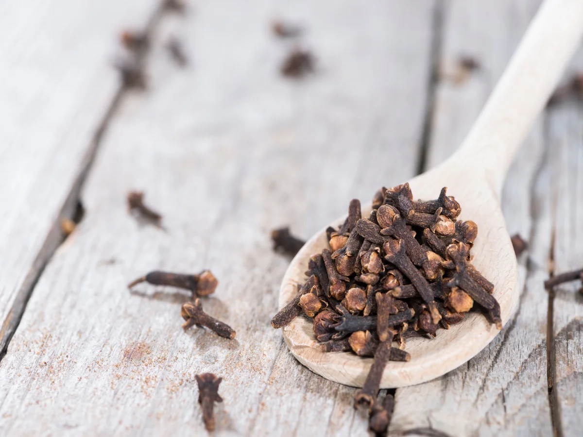 Small portion of Cloves on a wooden spoon (close-up shot)