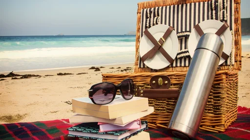Landscape colour photograph of a beach picnic, books and sunglasses