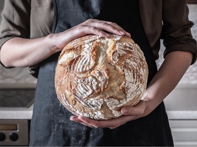 Close-up image of female hands holding big loaf of white bread. Person in black apron in home kitchen background with wheat bread (Close-up image of female hands holding big loaf of white bread. Person in black apron in home kitchen background with wh