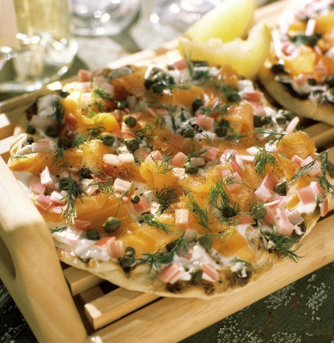 Grilled Pizza with Smoked Salmon and Vegetables