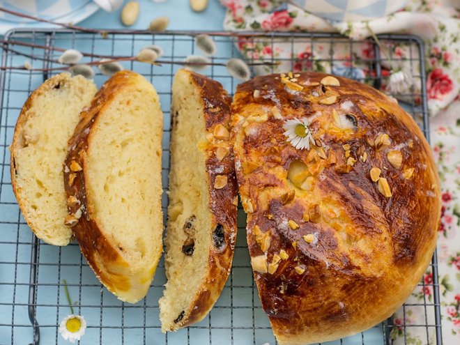 German sweet Easter bread brioche Osterbrot with almonds and raisins