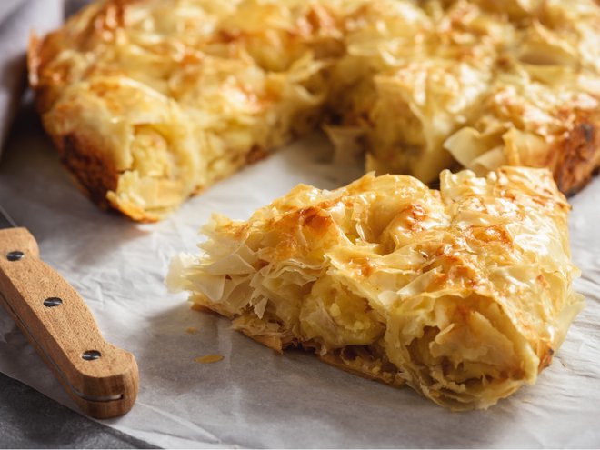 Turkish spicy potato rolled borek.